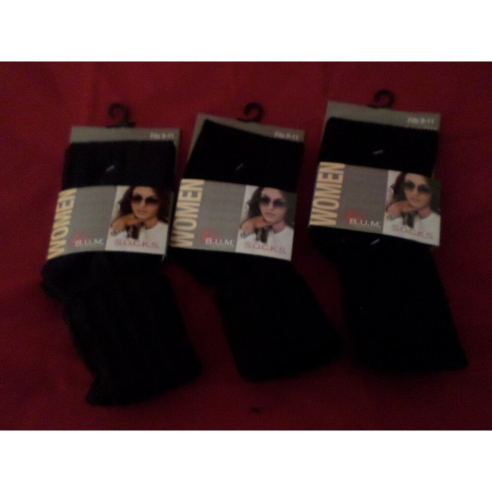 3 Pair Medium BUM Cotton Turn Cuff Crew Women Sock Black 9-11